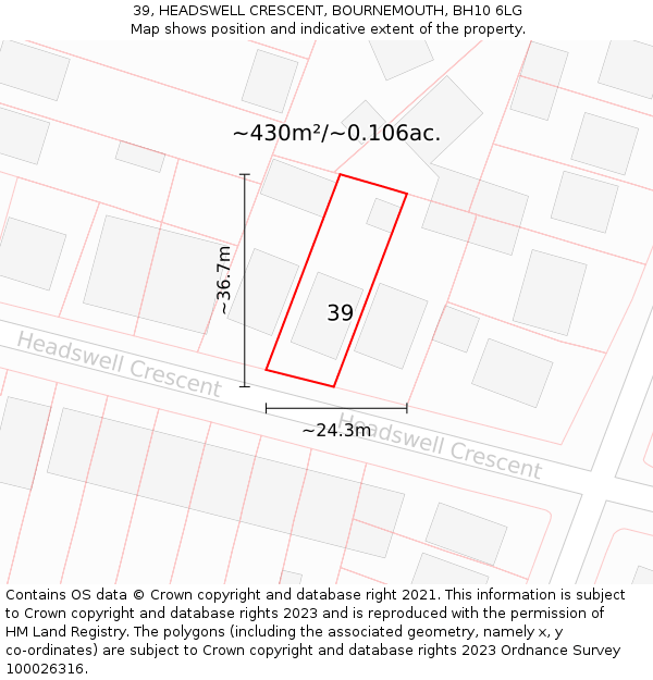 39, HEADSWELL CRESCENT, BOURNEMOUTH, BH10 6LG: Plot and title map