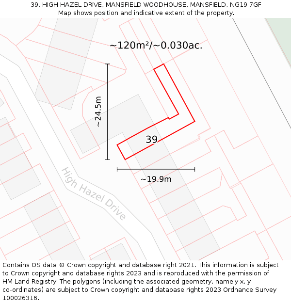 39, HIGH HAZEL DRIVE, MANSFIELD WOODHOUSE, MANSFIELD, NG19 7GF: Plot and title map