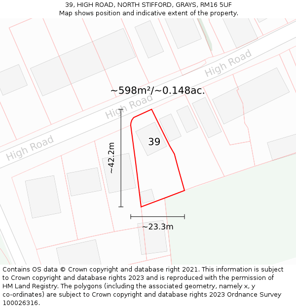 39, HIGH ROAD, NORTH STIFFORD, GRAYS, RM16 5UF: Plot and title map