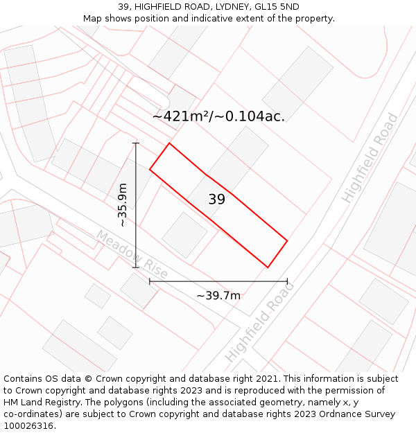 39, HIGHFIELD ROAD, LYDNEY, GL15 5ND: Plot and title map