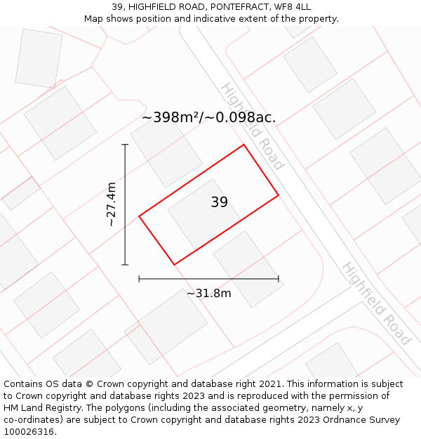 39, HIGHFIELD ROAD, PONTEFRACT, WF8 4LL: Plot and title map