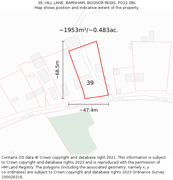 39, HILL LANE, BARNHAM, BOGNOR REGIS, PO22 0BL: Plot and title map