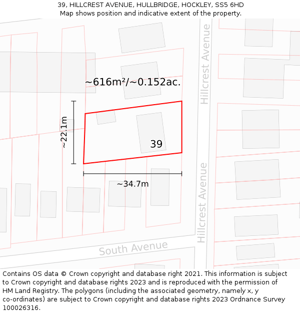 39, HILLCREST AVENUE, HULLBRIDGE, HOCKLEY, SS5 6HD: Plot and title map