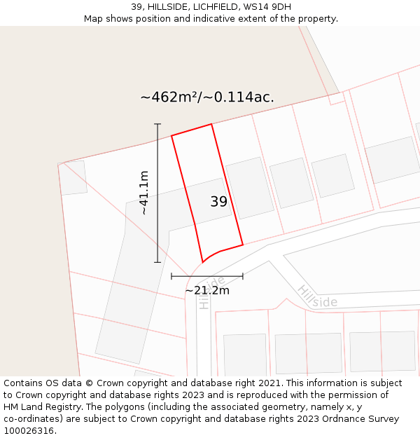 39, HILLSIDE, LICHFIELD, WS14 9DH: Plot and title map