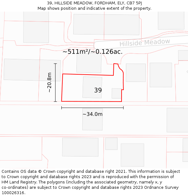 39, HILLSIDE MEADOW, FORDHAM, ELY, CB7 5PJ: Plot and title map