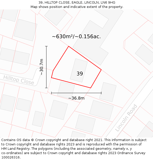 39, HILLTOP CLOSE, EAGLE, LINCOLN, LN6 9HG: Plot and title map