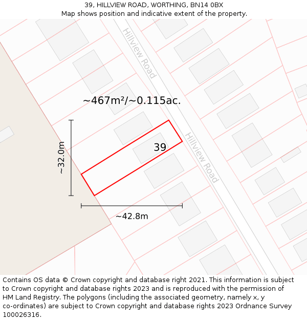 39, HILLVIEW ROAD, WORTHING, BN14 0BX: Plot and title map