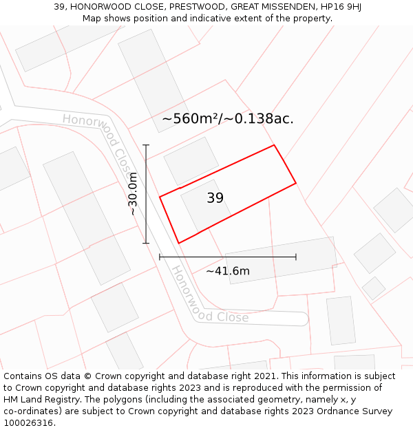 39, HONORWOOD CLOSE, PRESTWOOD, GREAT MISSENDEN, HP16 9HJ: Plot and title map