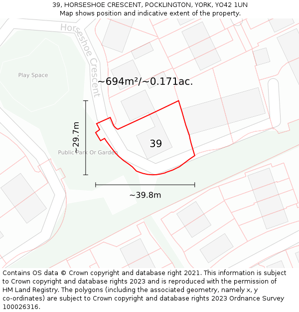 39, HORSESHOE CRESCENT, POCKLINGTON, YORK, YO42 1UN: Plot and title map