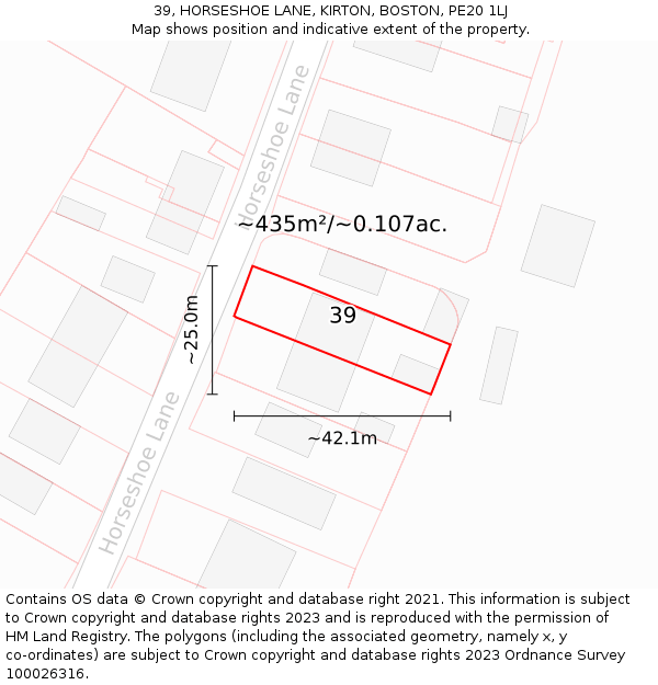 39, HORSESHOE LANE, KIRTON, BOSTON, PE20 1LJ: Plot and title map