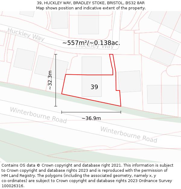 39, HUCKLEY WAY, BRADLEY STOKE, BRISTOL, BS32 8AR: Plot and title map