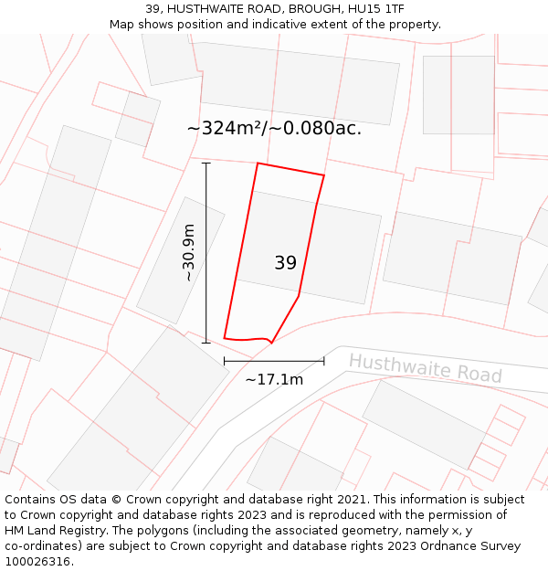 39, HUSTHWAITE ROAD, BROUGH, HU15 1TF: Plot and title map