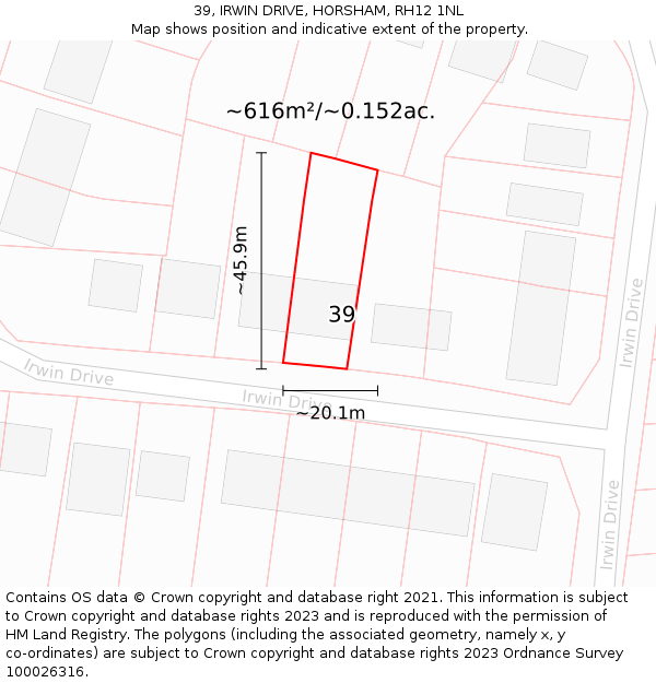 39, IRWIN DRIVE, HORSHAM, RH12 1NL: Plot and title map