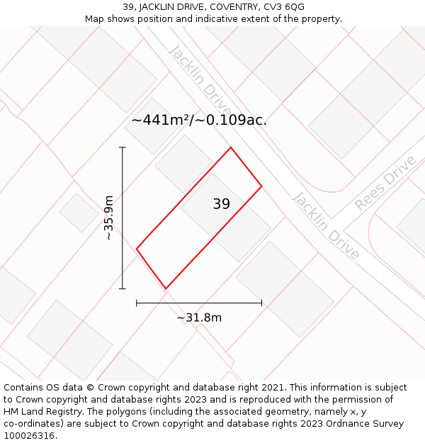 39, JACKLIN DRIVE, COVENTRY, CV3 6QG: Plot and title map