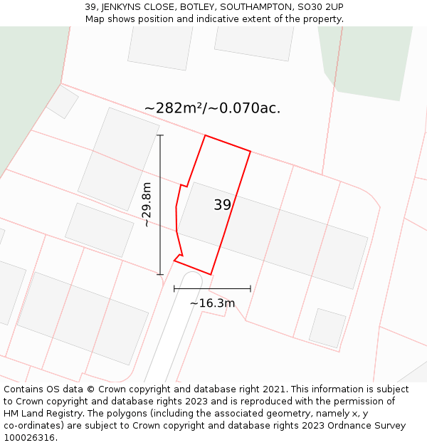 39, JENKYNS CLOSE, BOTLEY, SOUTHAMPTON, SO30 2UP: Plot and title map