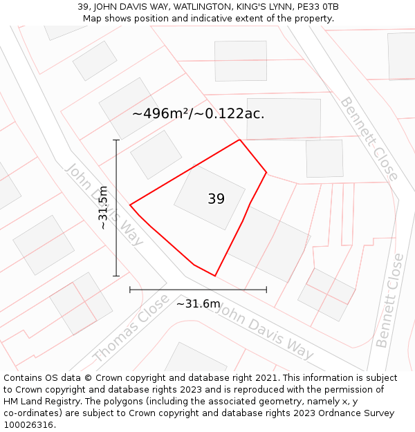 39, JOHN DAVIS WAY, WATLINGTON, KING'S LYNN, PE33 0TB: Plot and title map