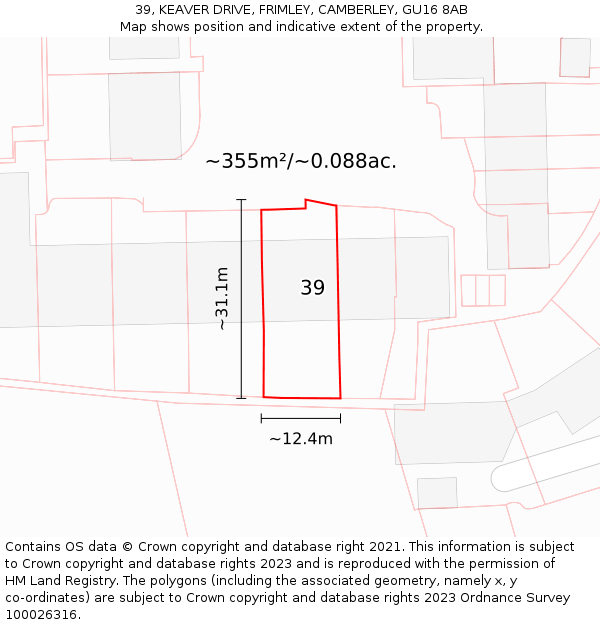 39, KEAVER DRIVE, FRIMLEY, CAMBERLEY, GU16 8AB: Plot and title map