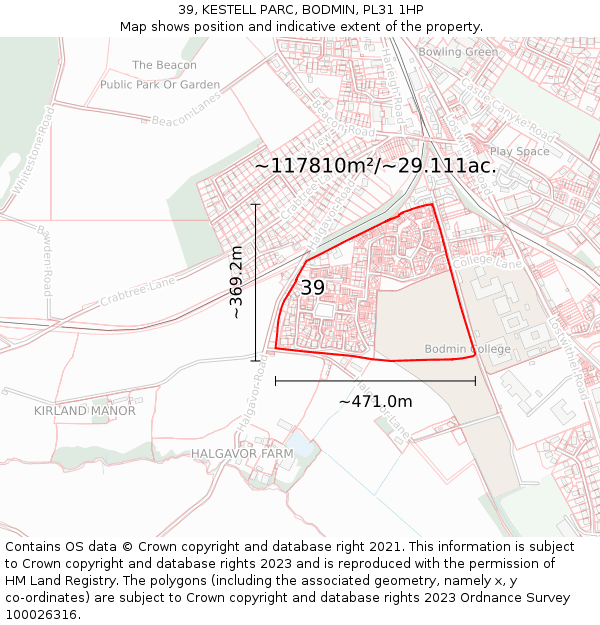 39, KESTELL PARC, BODMIN, PL31 1HP: Plot and title map