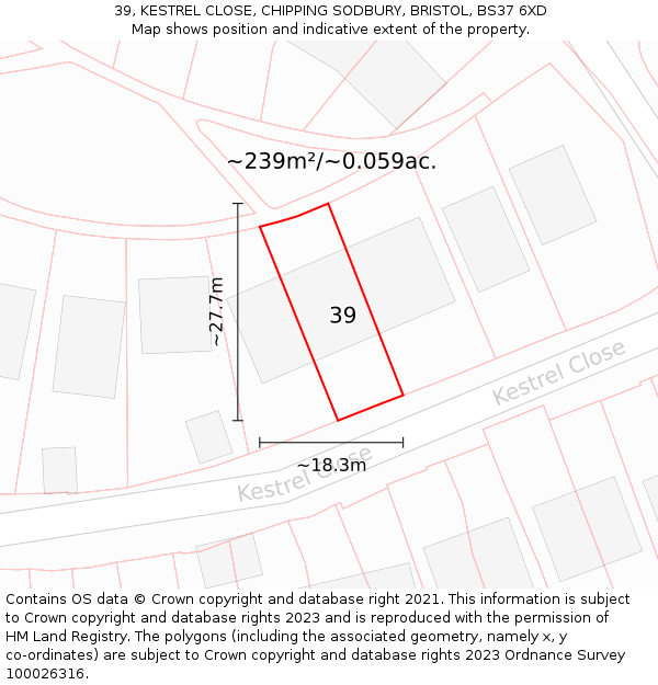 39, KESTREL CLOSE, CHIPPING SODBURY, BRISTOL, BS37 6XD: Plot and title map