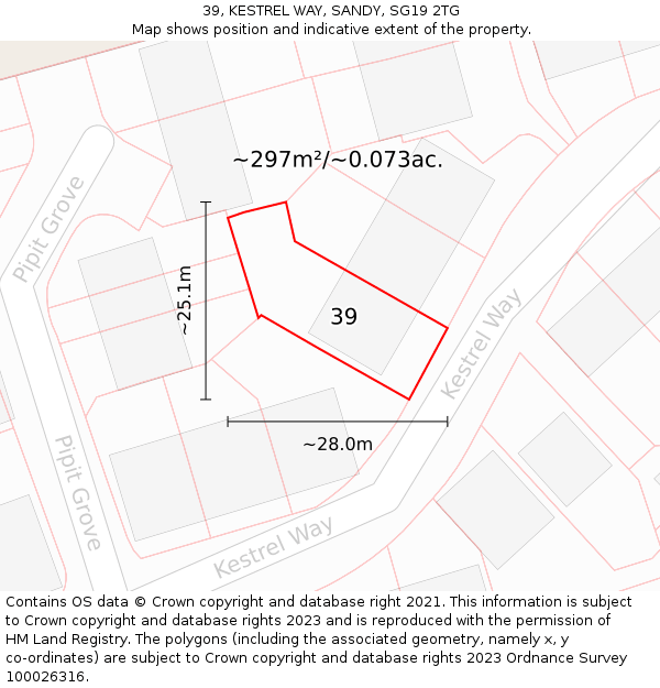 39, KESTREL WAY, SANDY, SG19 2TG: Plot and title map