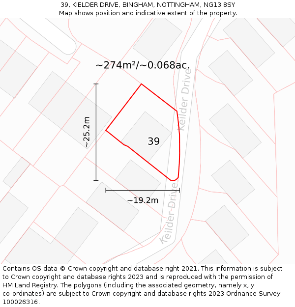 39, KIELDER DRIVE, BINGHAM, NOTTINGHAM, NG13 8SY: Plot and title map