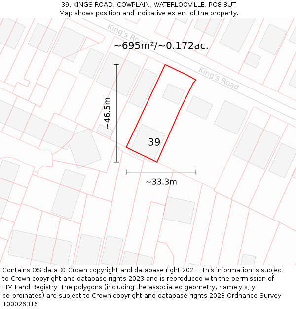 39, KINGS ROAD, COWPLAIN, WATERLOOVILLE, PO8 8UT: Plot and title map