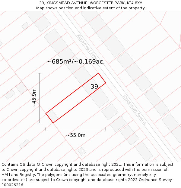 39, KINGSMEAD AVENUE, WORCESTER PARK, KT4 8XA: Plot and title map
