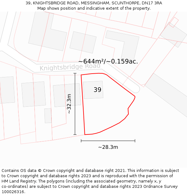 39, KNIGHTSBRIDGE ROAD, MESSINGHAM, SCUNTHORPE, DN17 3RA: Plot and title map