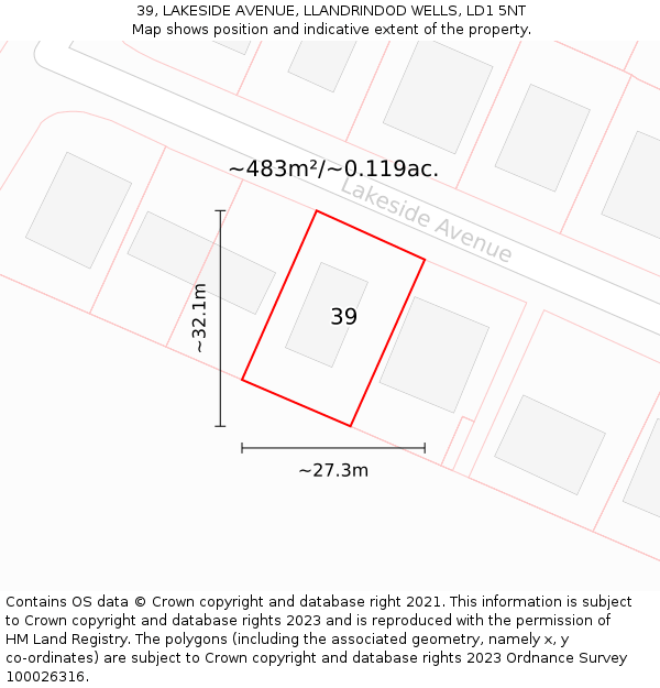 39, LAKESIDE AVENUE, LLANDRINDOD WELLS, LD1 5NT: Plot and title map