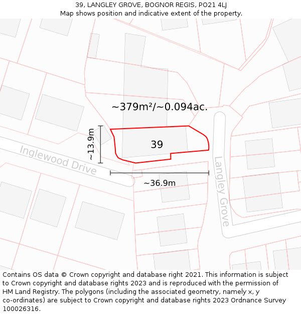 39, LANGLEY GROVE, BOGNOR REGIS, PO21 4LJ: Plot and title map