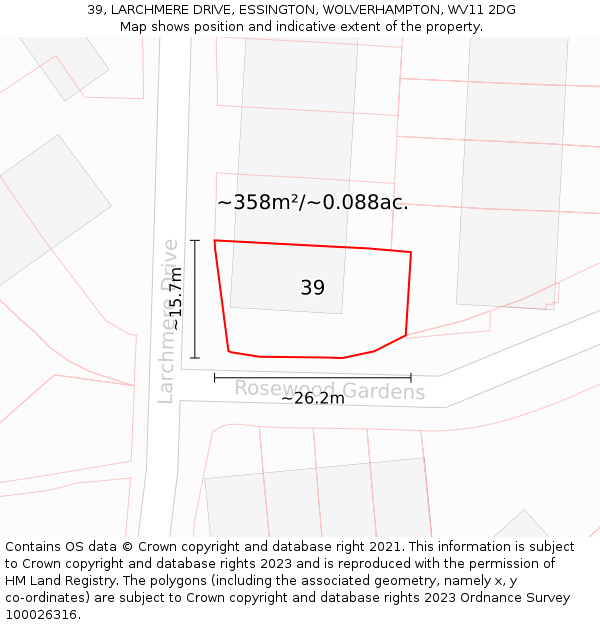 39, LARCHMERE DRIVE, ESSINGTON, WOLVERHAMPTON, WV11 2DG: Plot and title map