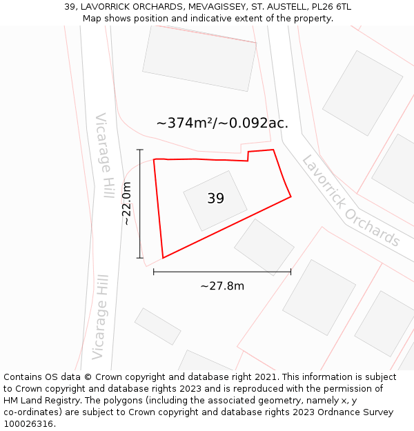 39, LAVORRICK ORCHARDS, MEVAGISSEY, ST. AUSTELL, PL26 6TL: Plot and title map