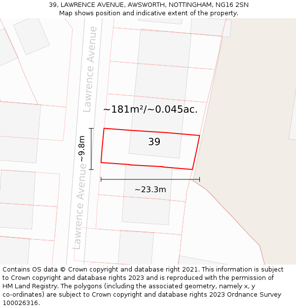 39, LAWRENCE AVENUE, AWSWORTH, NOTTINGHAM, NG16 2SN: Plot and title map