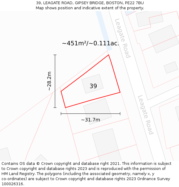 39, LEAGATE ROAD, GIPSEY BRIDGE, BOSTON, PE22 7BU: Plot and title map