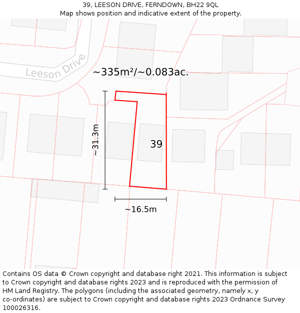 39, LEESON DRIVE, FERNDOWN, BH22 9QL: Plot and title map