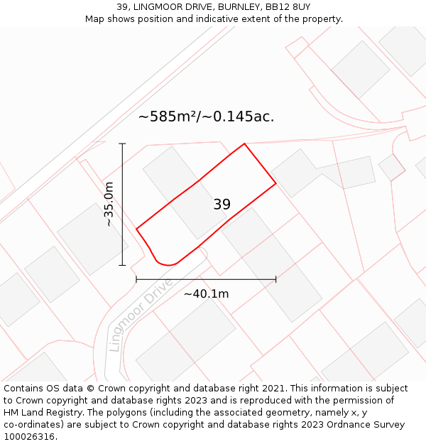 39, LINGMOOR DRIVE, BURNLEY, BB12 8UY: Plot and title map