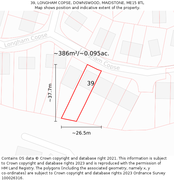 39, LONGHAM COPSE, DOWNSWOOD, MAIDSTONE, ME15 8TL: Plot and title map