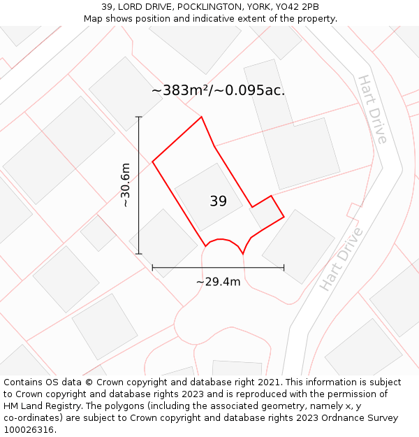 39, LORD DRIVE, POCKLINGTON, YORK, YO42 2PB: Plot and title map