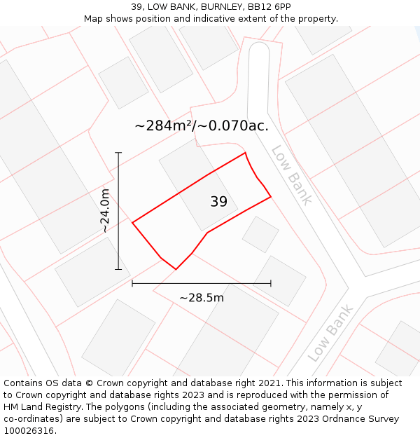 39, LOW BANK, BURNLEY, BB12 6PP: Plot and title map