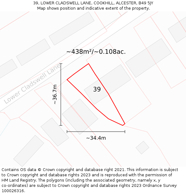 39, LOWER CLADSWELL LANE, COOKHILL, ALCESTER, B49 5JY: Plot and title map