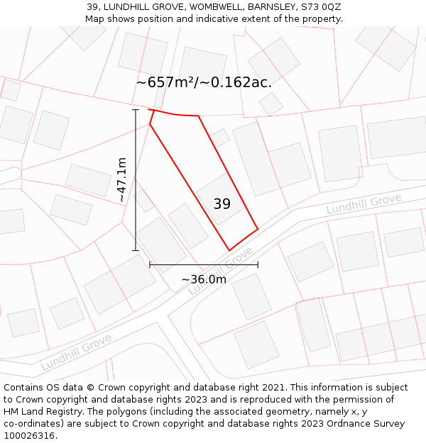 39, LUNDHILL GROVE, WOMBWELL, BARNSLEY, S73 0QZ: Plot and title map