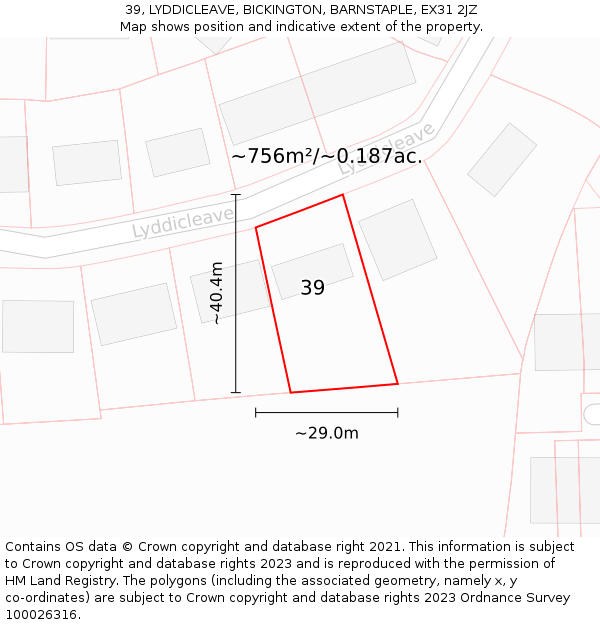 39, LYDDICLEAVE, BICKINGTON, BARNSTAPLE, EX31 2JZ: Plot and title map