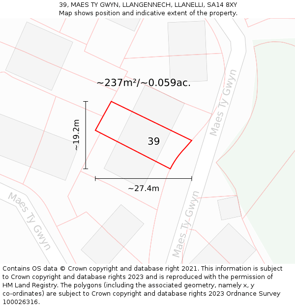 39, MAES TY GWYN, LLANGENNECH, LLANELLI, SA14 8XY: Plot and title map