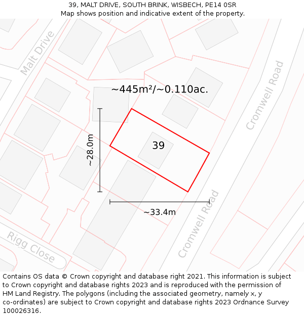 39, MALT DRIVE, SOUTH BRINK, WISBECH, PE14 0SR: Plot and title map