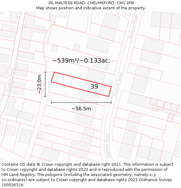 39, MALTESE ROAD, CHELMSFORD, CM1 2PB: Plot and title map