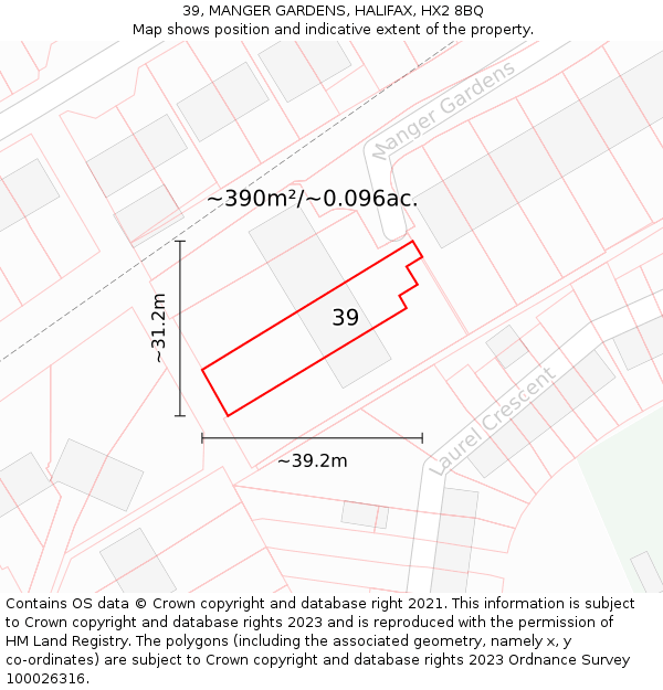 39, MANGER GARDENS, HALIFAX, HX2 8BQ: Plot and title map