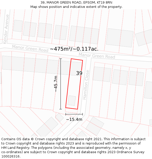 39, MANOR GREEN ROAD, EPSOM, KT19 8RN: Plot and title map