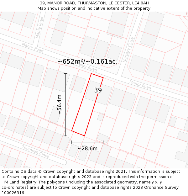 39, MANOR ROAD, THURMASTON, LEICESTER, LE4 8AH: Plot and title map