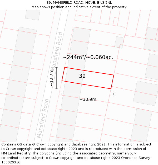 39, MANSFIELD ROAD, HOVE, BN3 5NL: Plot and title map