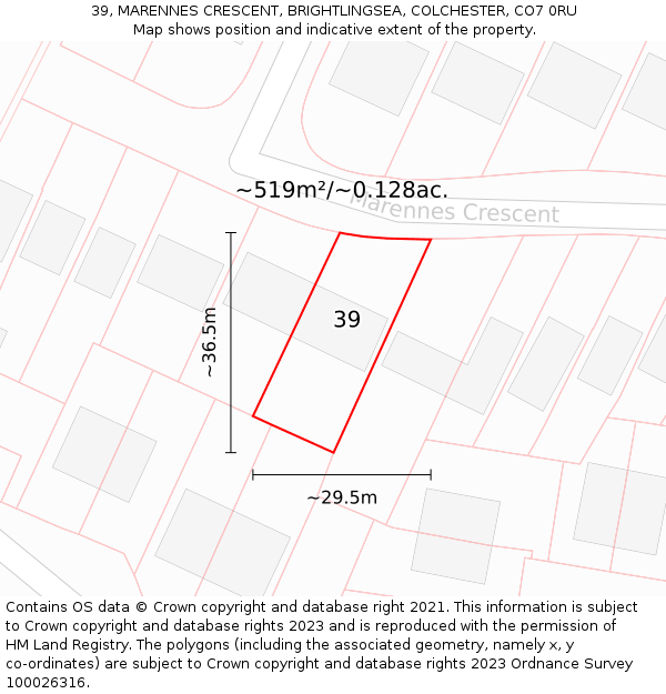 39, MARENNES CRESCENT, BRIGHTLINGSEA, COLCHESTER, CO7 0RU: Plot and title map